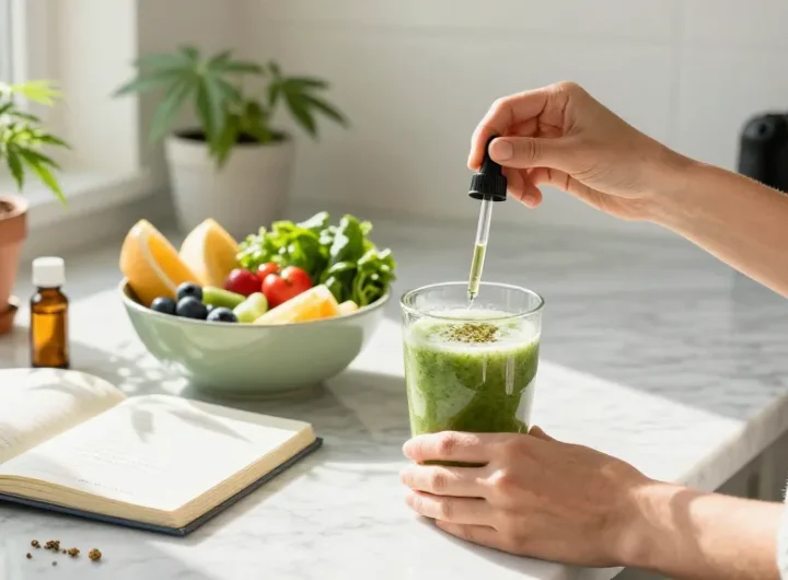 Natural wellness scene with greenhouse THCa flower tincture prominently featured in a vibrant kitchen during smoothie preparation, emphasizing organic ingredients and quality.