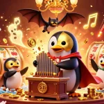 Experience thrilling gameplay with pg soft as a 3D phantom penguin plays the organ, surrounded by dynamic casino elements.