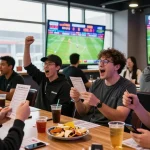 Group of sports fans enjoying live betting with 更多資訊 on odds at a modern venue.