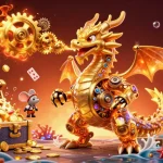 Play and master Baccarat formula with a dynamic 3D casino illustration featuring dragons, gold coins, and playing cards.