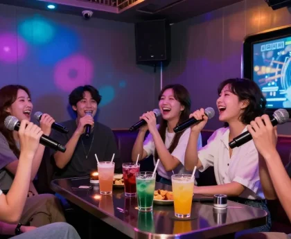 제주유흥을 경험하는 친구들의 즐거운 노래방 시간, 화려한 조명과 음료가 어우러진 생동감 있는 밤.