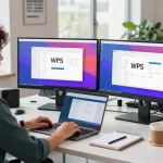 Download WPS Office in modern workspace with developer using laptops and tech gadgets, bright productivity-focused environment.