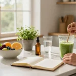 cbd edibles preparation in a bright kitchen with fresh fruits, wellness journal, and CBD oil
