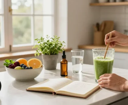 cbd edibles preparation in a bright kitchen with fresh fruits, wellness journal, and CBD oil