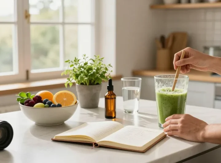 cbd edibles preparation in a bright kitchen with fresh fruits, wellness journal, and CBD oil