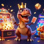 Experience the excitement of sunwin chính chủ as a playful T-Rex shuffles cards with dinosaur friends in a vibrant casino scene.