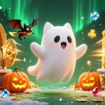 Engage in judi bola action with a friendly ghost cat in a gold-filled haunted casino scene.