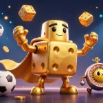 Engage with luck8's thrilling gaming experience featuring a golden dice golem and vibrant sports elements.
