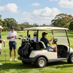 Friends enjoying a day at the golf course with a street legal golf cart, showcasing leisure and camaraderie in a vibrant outdoor setting.