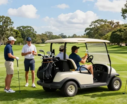 Friends enjoying a day at the golf course with a street legal golf cart, showcasing leisure and camaraderie in a vibrant outdoor setting.