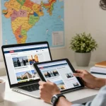 Person engaged with https://www.theindaily.com news updates in a modern workspace.