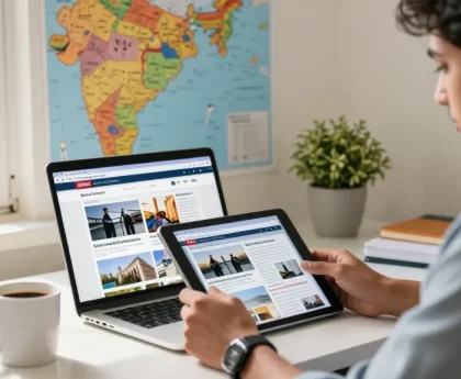 Person engaged with https://www.theindaily.com news updates in a modern workspace.