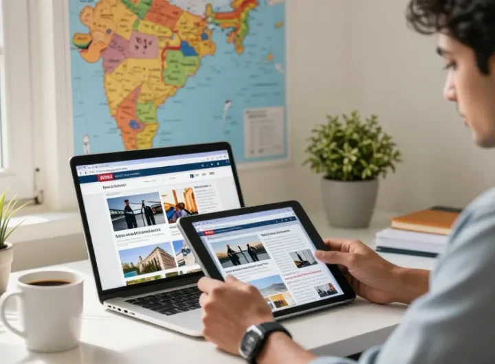 Person engaged with https://www.theindaily.com news updates in a modern workspace.