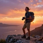 Traveler at a coastal viewpoint enjoying sunset, find out more about adventure travel.