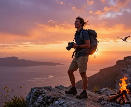 Traveler at a coastal viewpoint enjoying sunset, find out more about adventure travel.