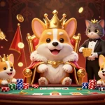 Experience adventure at gg88 with a royal corgi flaunting its crown amidst ornate gambling elements.