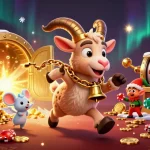 Experience the thrill at LUCKY77 with 3D characters and slot reels showcasing festive casino fun.